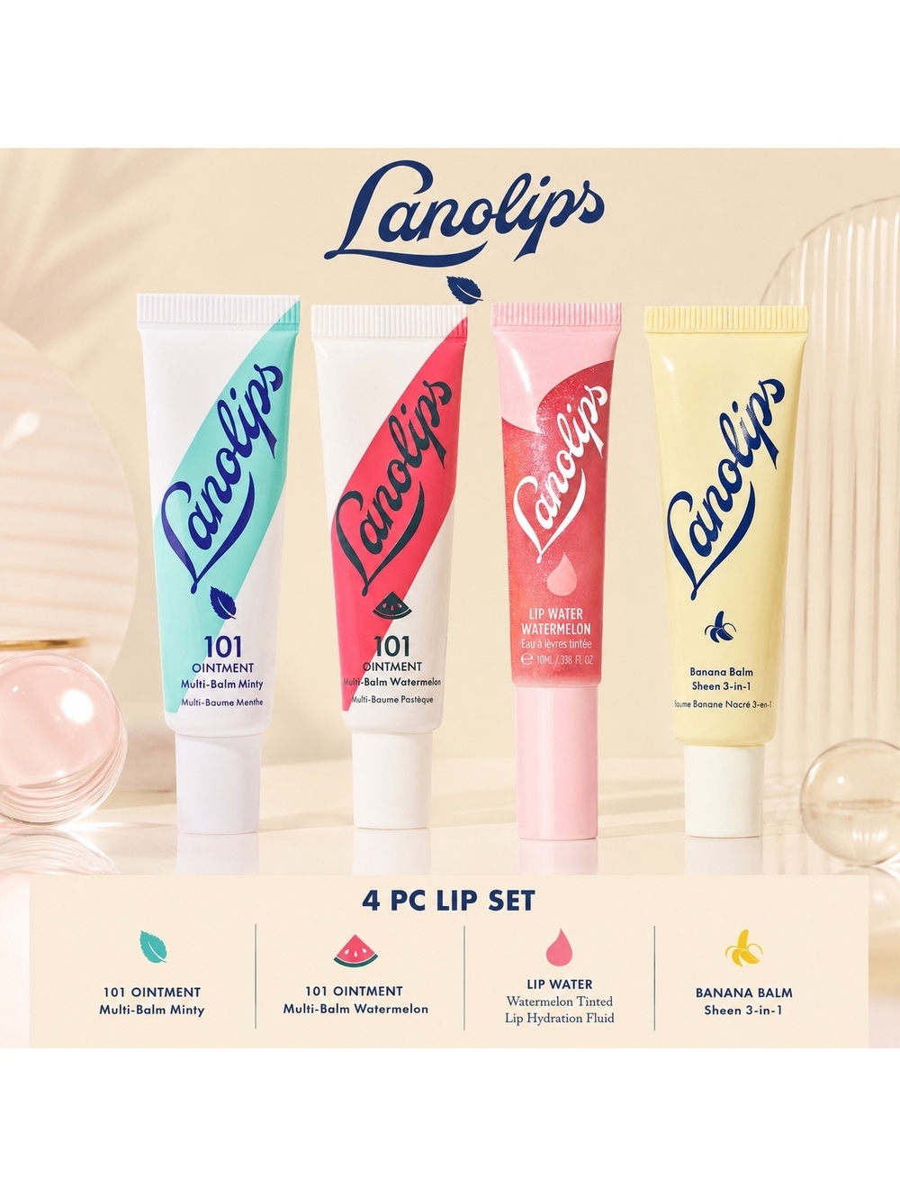 Lanolips Lip Care Set 4-Pc - 2 101 Ointment Multi Balms, Lip Water & Banana Balm